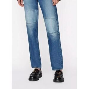 Frame Jeans Le Slouch Denim Medium Wash Straight Button Fly Leg Patch Mending